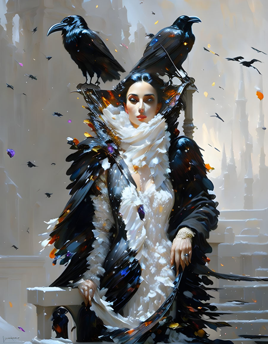 Woman in feathered dress with crows and luminous leaves.