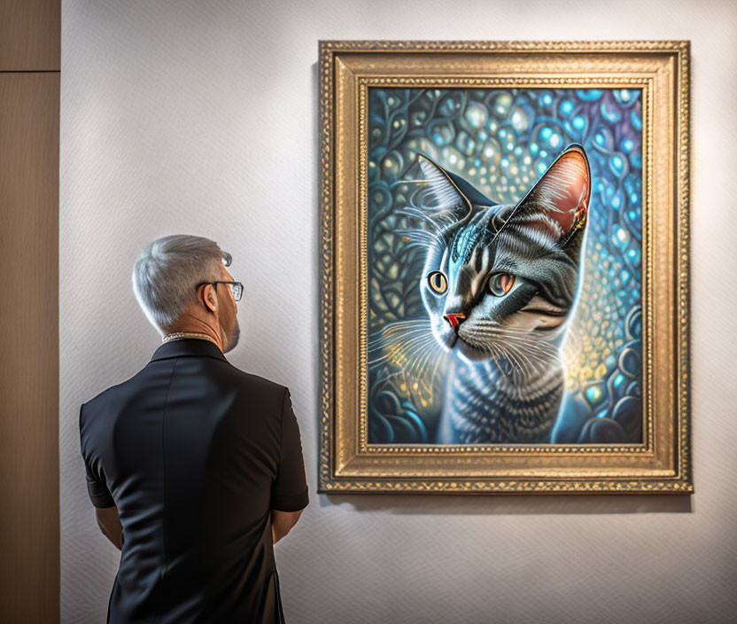 Man in suit viewing ornate framed painting of oversized stylized cat