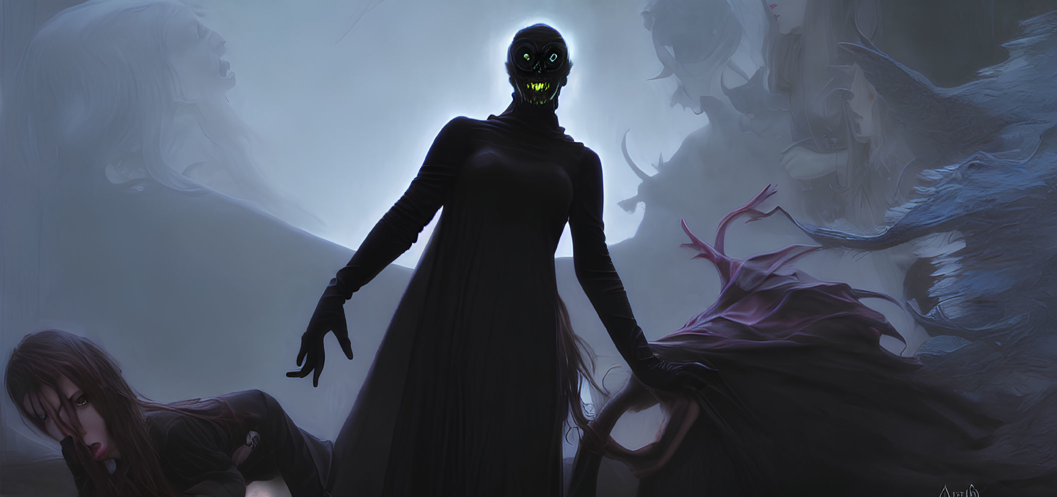 Eerie fantasy scene with figure in black robe and glowing green eyes