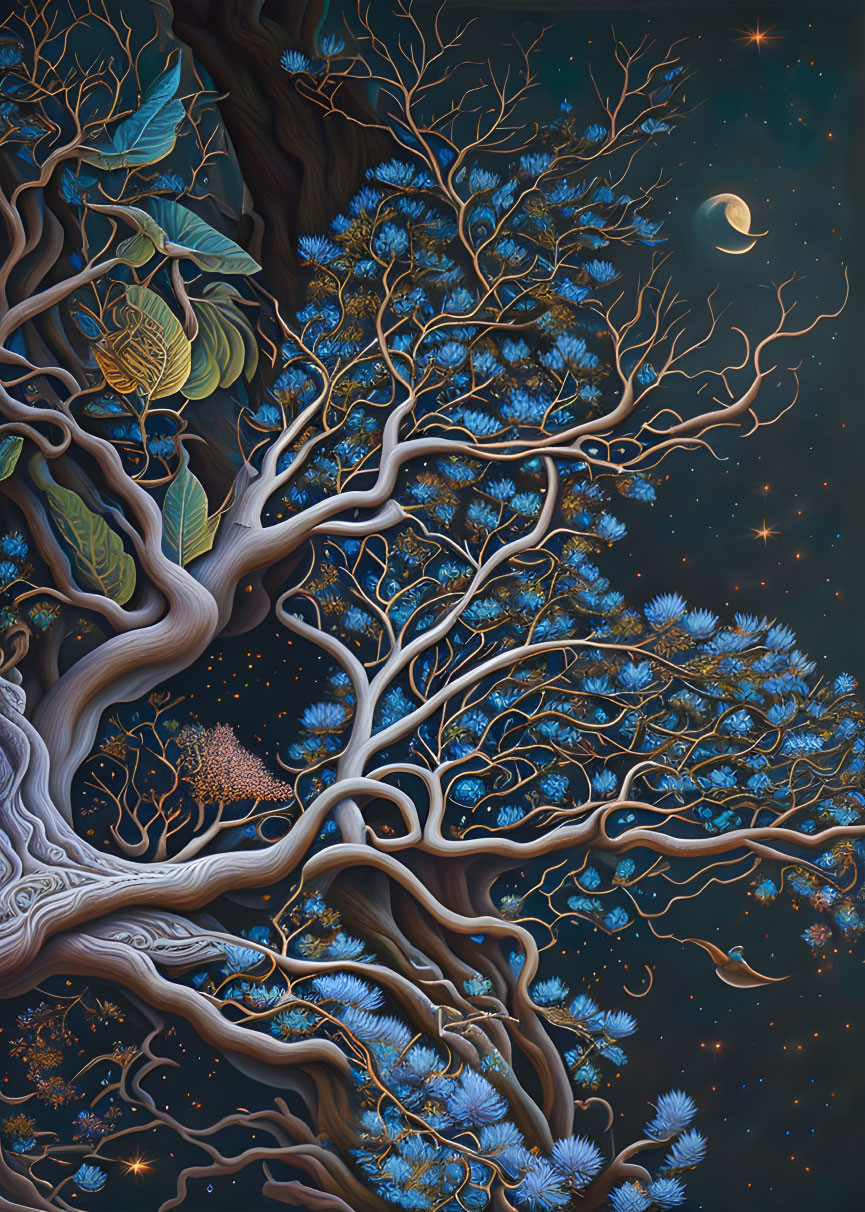 Detailed Tree Illustration Against Starry Night Sky with Crescent Moon