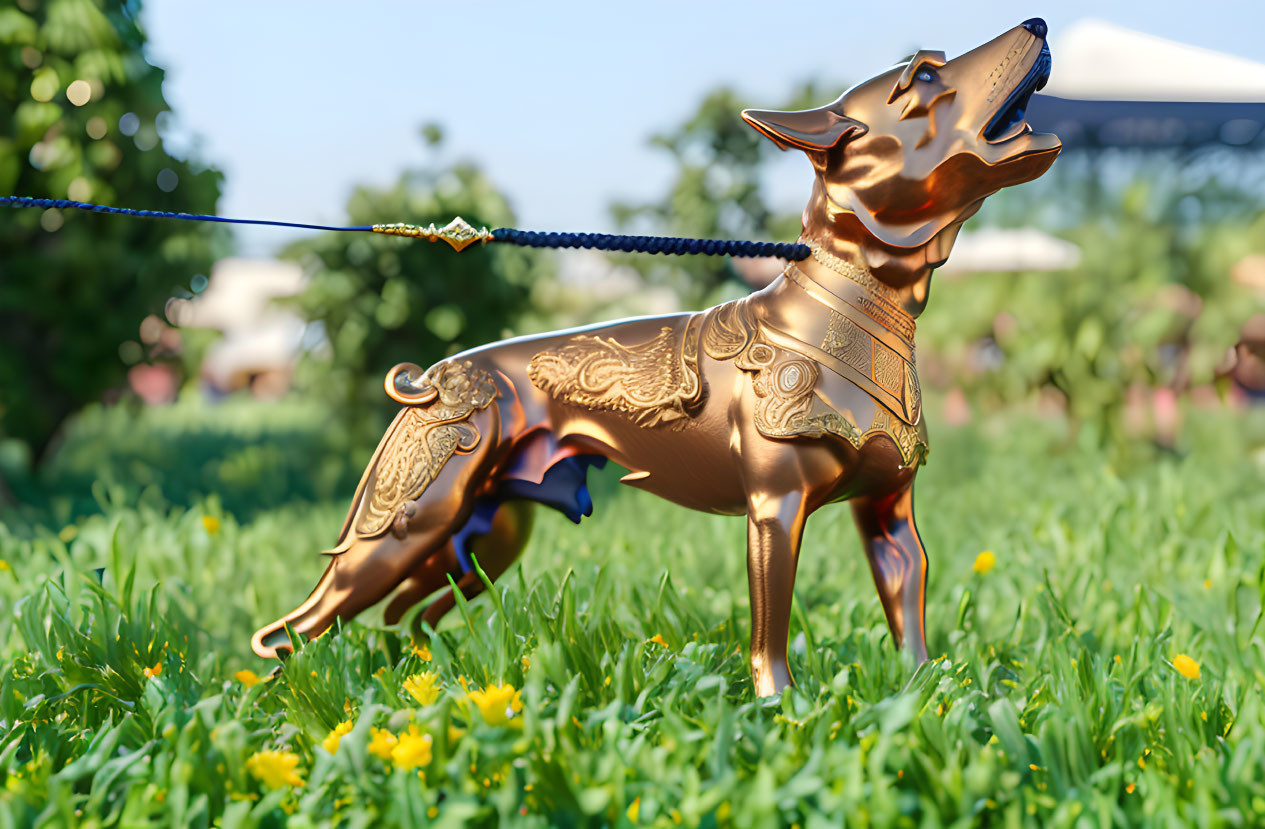 Golden ornate dog sculpture with leash in grassy field and buildings afar