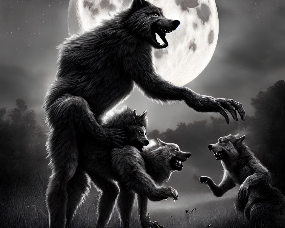 Menacing werewolf with three wolves under full moon