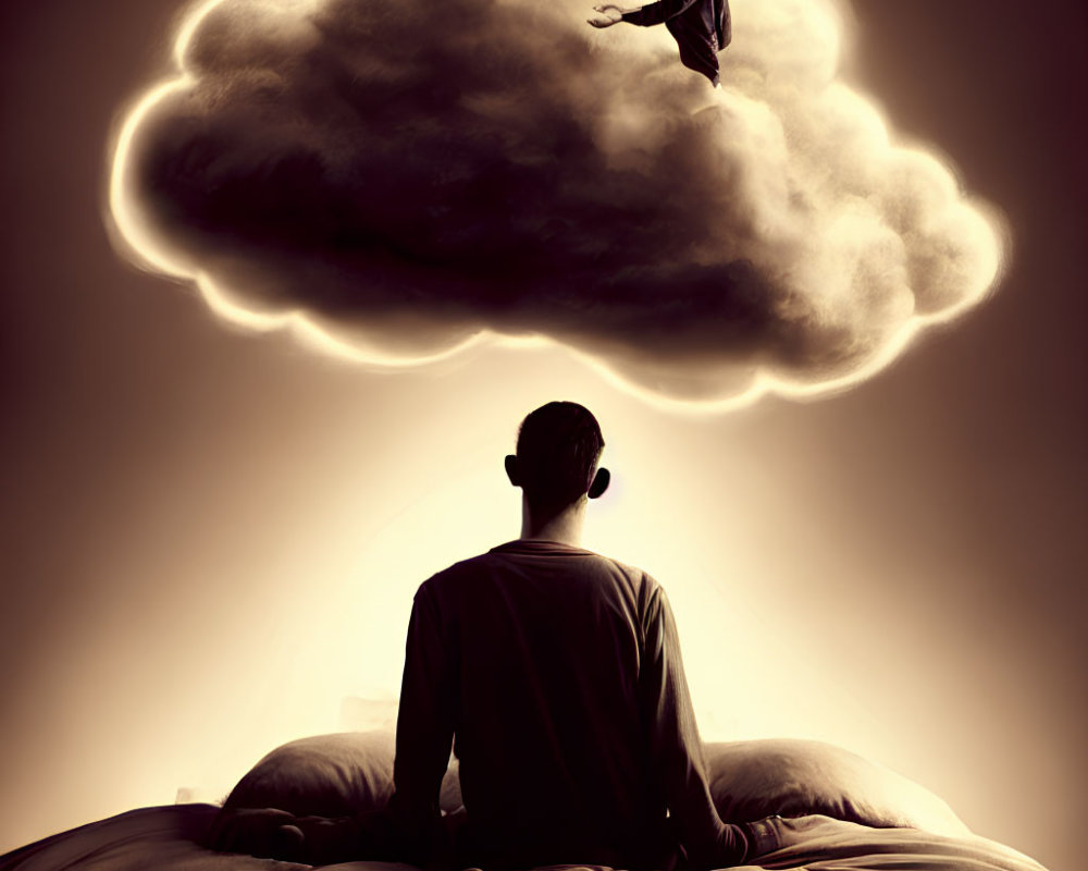 Person gazing at figure on large cloud with dramatic backdrop