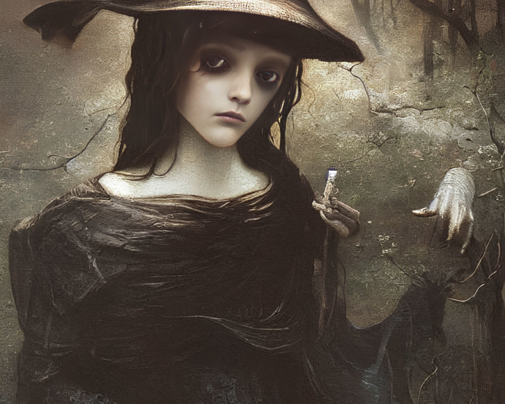 Gothic portrait of girl in black dress with vial, mysterious hand in forest