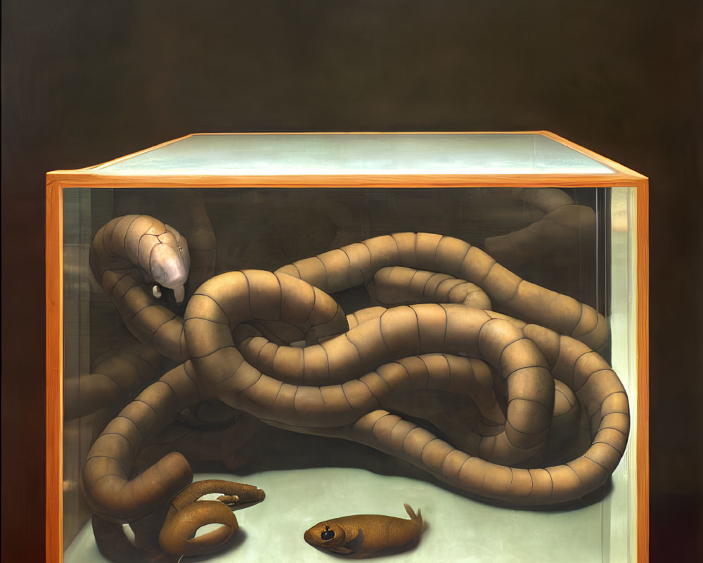 Giant segmented worm in glass tank with smaller creature.