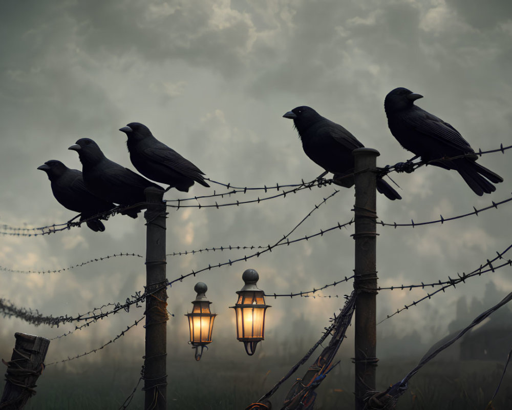 Four crows on barbed wire fence under moody sky