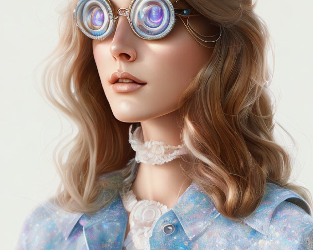 Digital Portrait: Woman with Wavy Hair in Cosmic Glasses & Galaxy Jacket