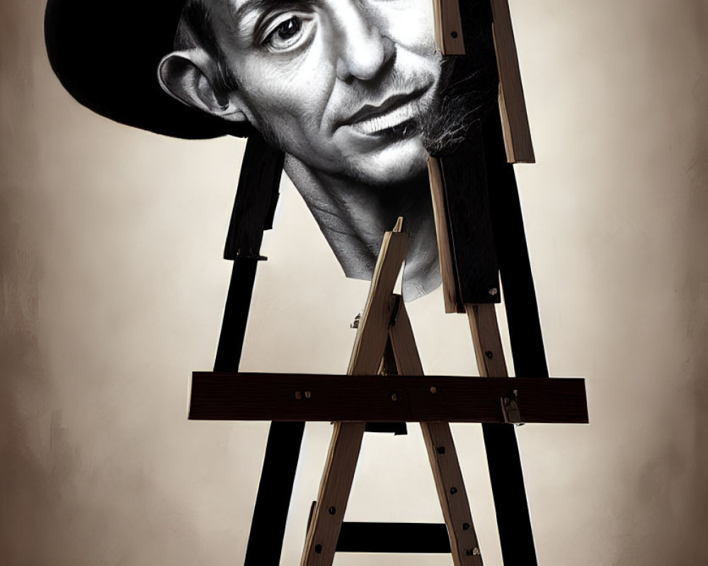 Monochrome portrait of a person on canvas with paintbrush on easel