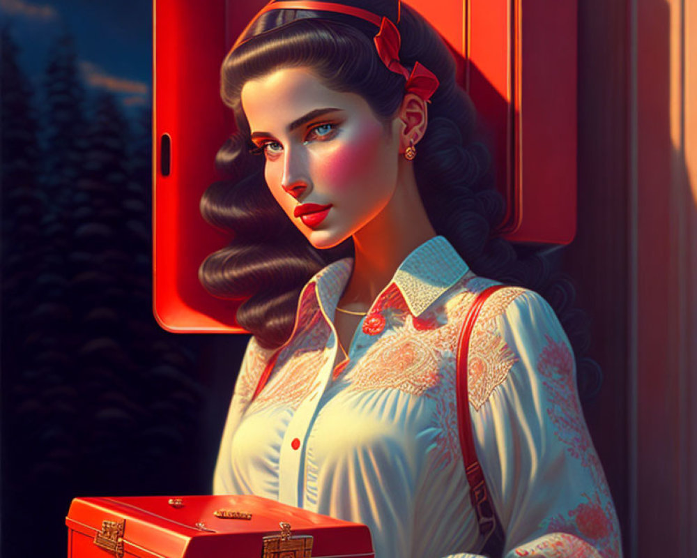 Vintage-style woman with red bow in hair by classic red telephone booth in moody twilight.