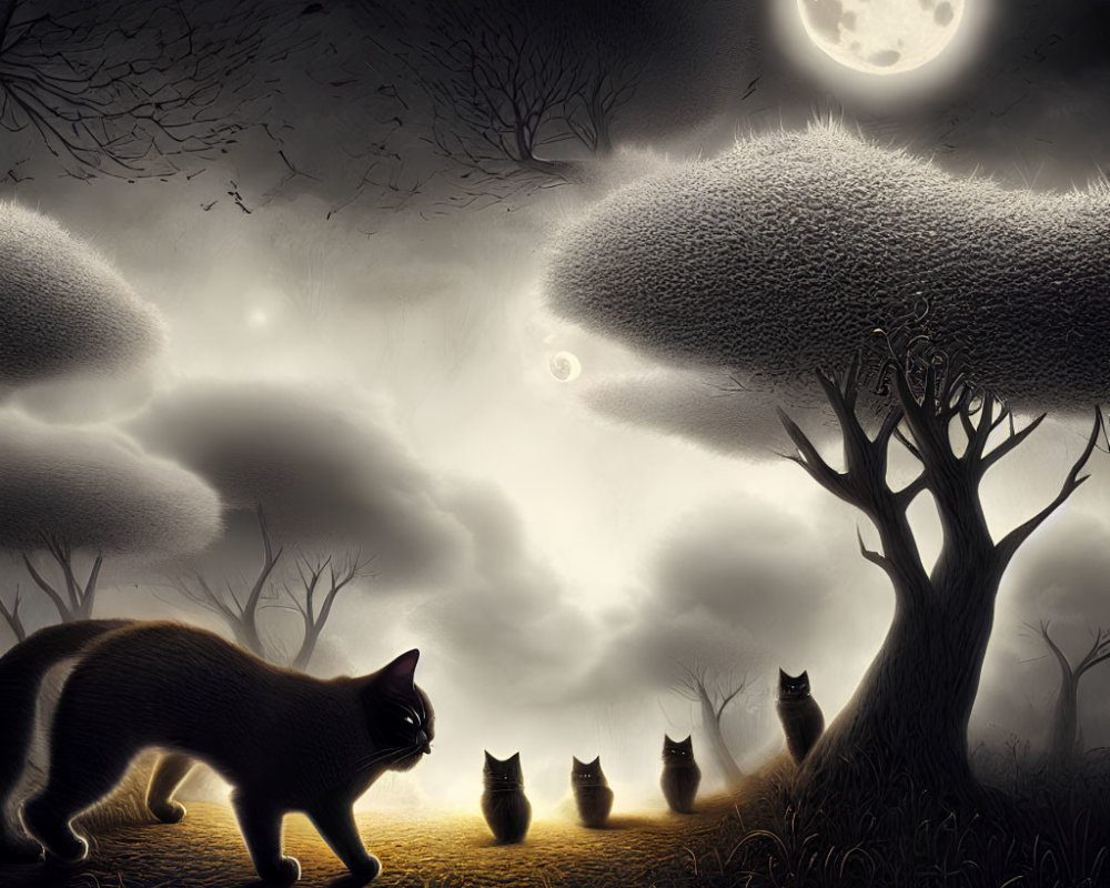 Moonlit Scene: Five Cats Silhouetted Among Trees and Clouds