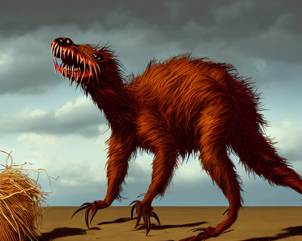 Large orange-furred creature with sharp teeth and claws in stormy sky setting.