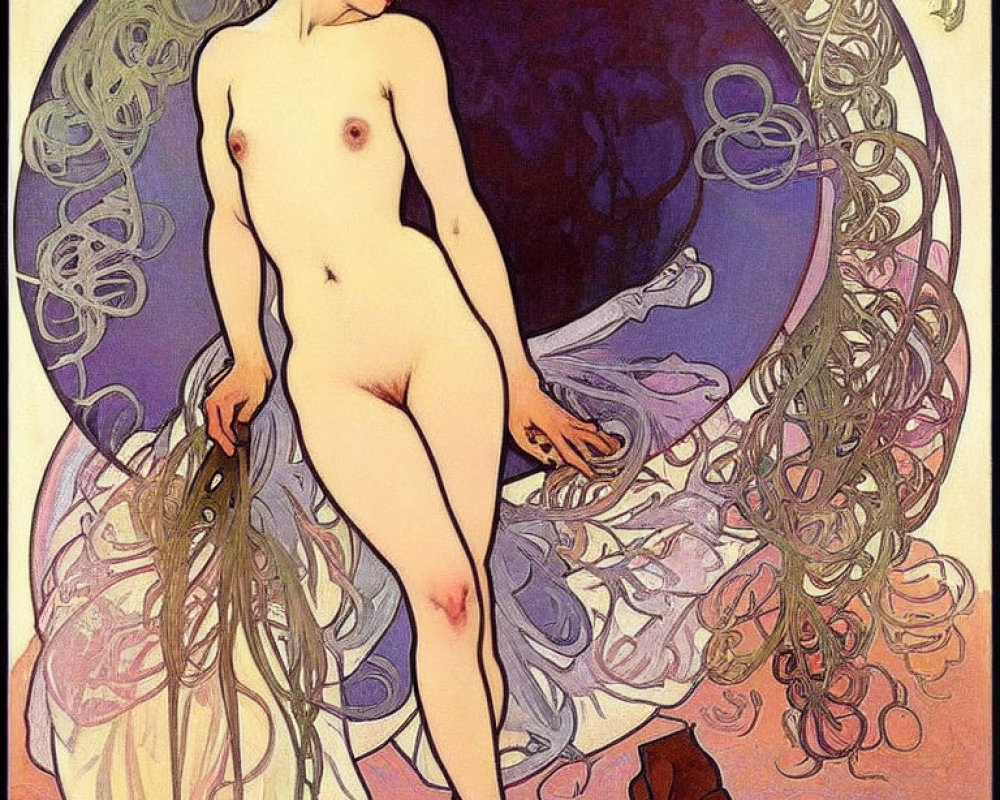 Art Nouveau nude woman with purple hat in ornate background