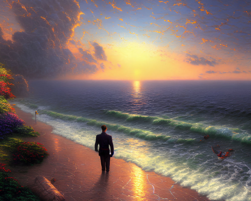 Person in suit on seaside walkway at sunset with flowers and waves.