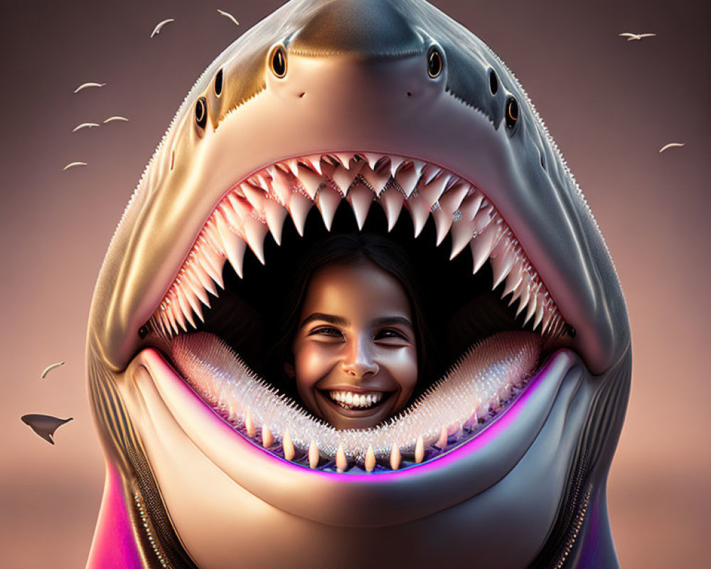 Surreal image of girl's face in shark's mouth with birds in warm background