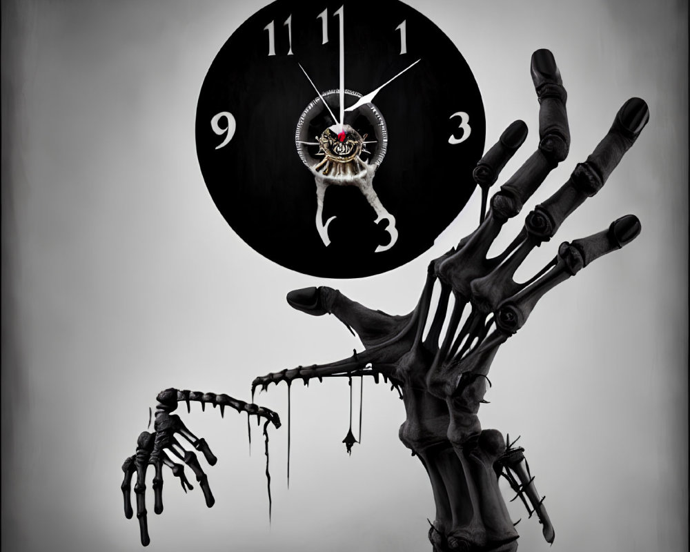 Surreal image of skeletal hand and ominous clock with gears