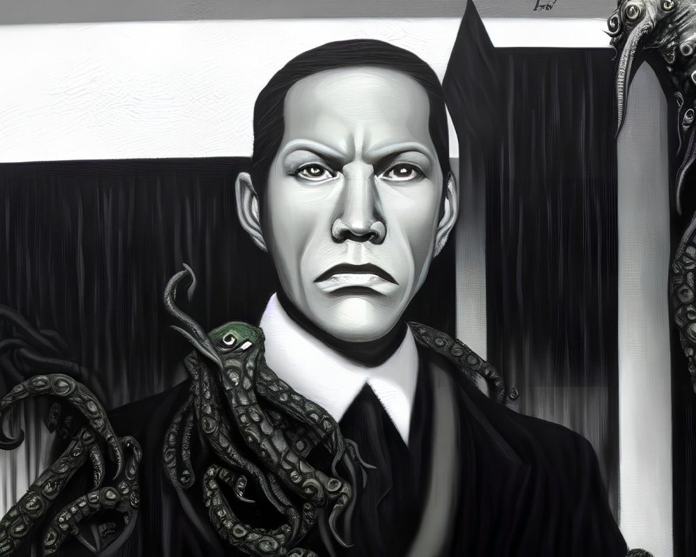 Monochromatic portrait of stern man with tentacles and creature