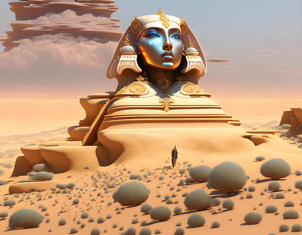 Surreal desert landscape with giant blue-faced statue and solitary figure