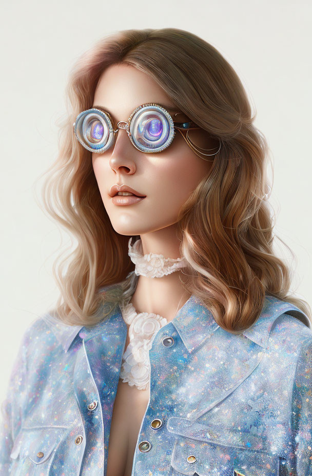 Digital Portrait: Woman with Wavy Hair in Cosmic Glasses & Galaxy Jacket