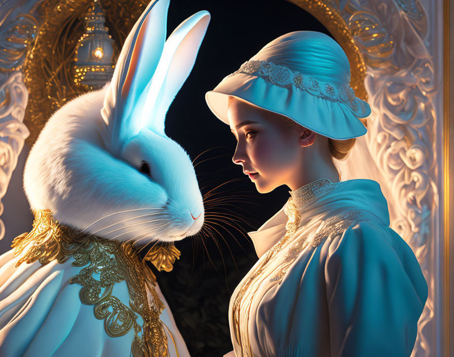 Victorian woman gazes at realistic rabbit in ornate setting