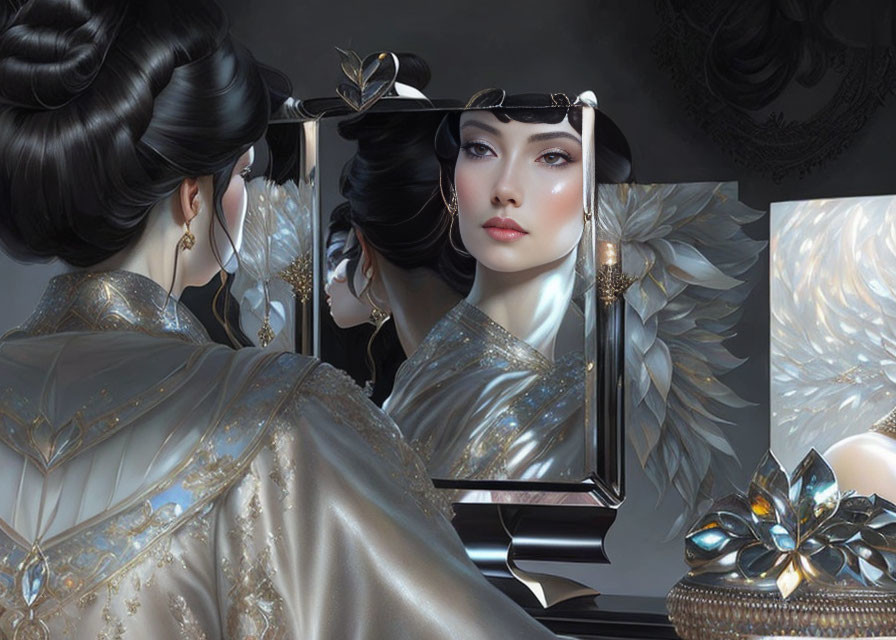 Traditional Asian woman in ornate garment with classic updo reflected in mirror