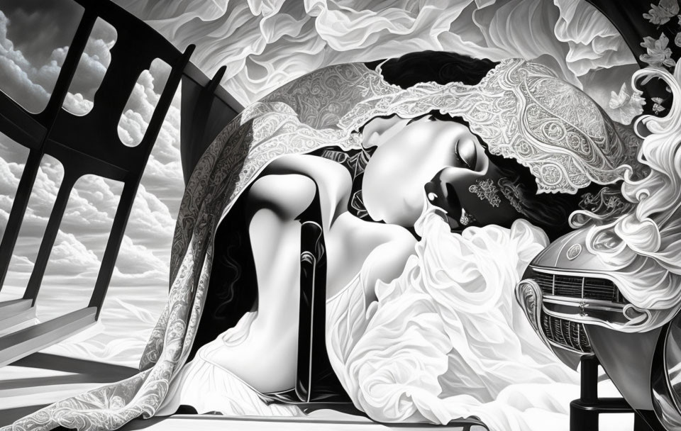 Monochrome reclined woman with flowing garments in surreal setting