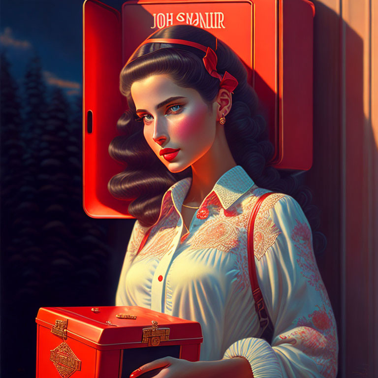 Vintage-style woman with red bow in hair by classic red telephone booth in moody twilight.