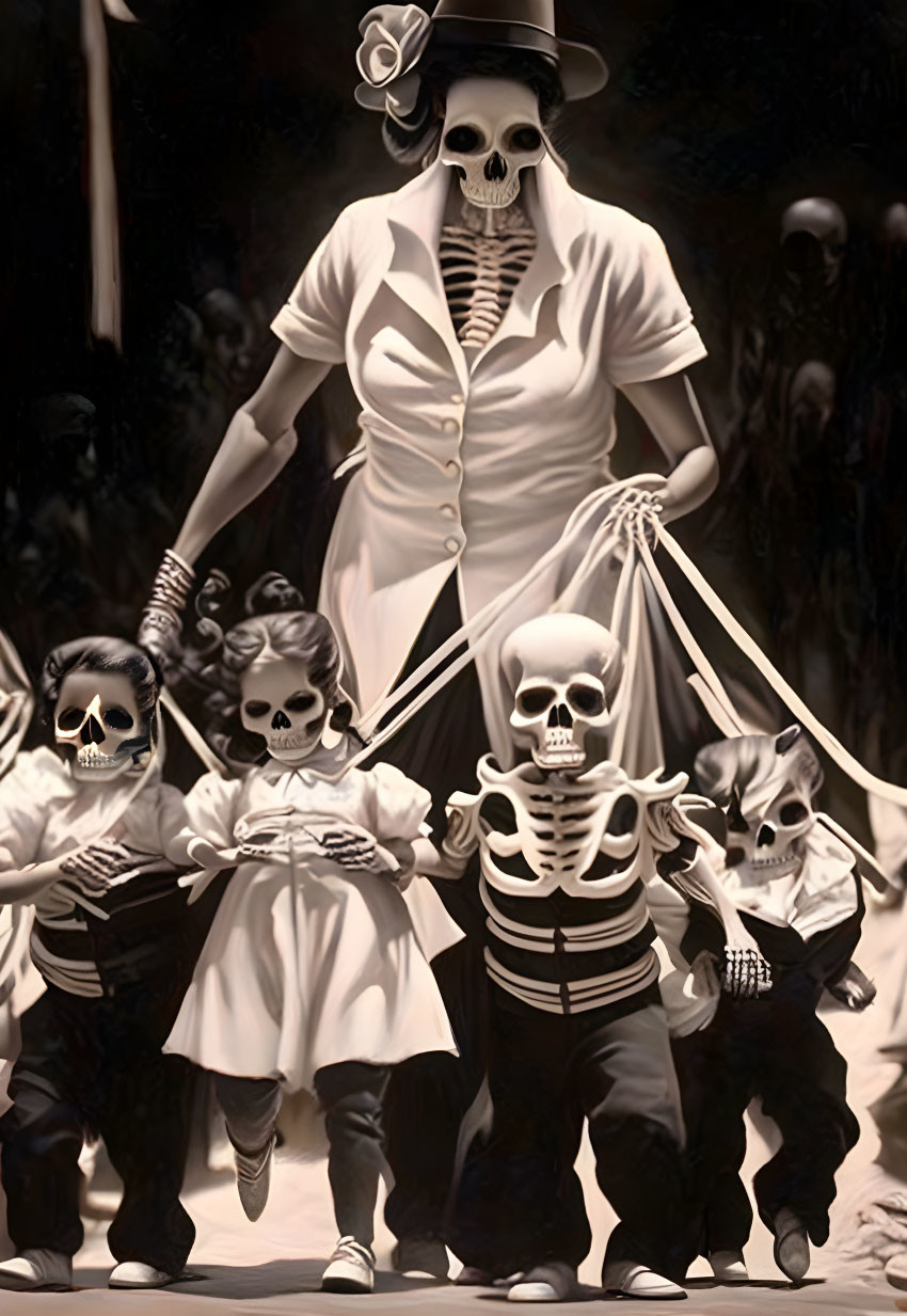 Surreal image of skeleton nurse with children in spooky setting