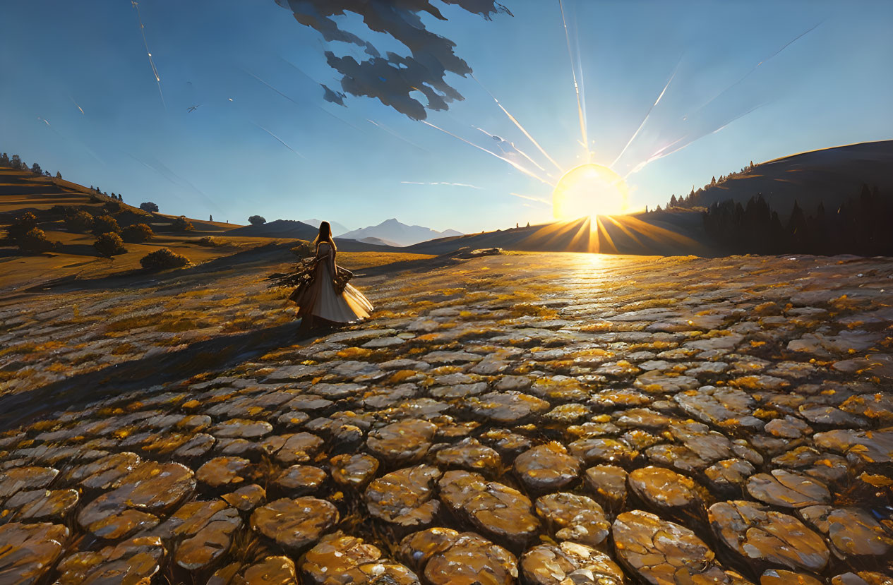 Traditional Attire Person Walking on Cobblestone Path at Sunrise