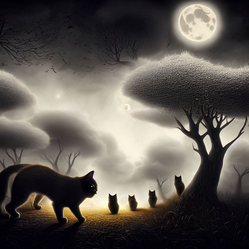 Moonlit Scene: Five Cats Silhouetted Among Trees and Clouds