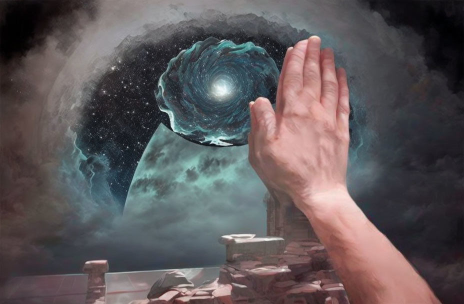 Surreal image: Hand reaching galaxy in ruins under dark sky