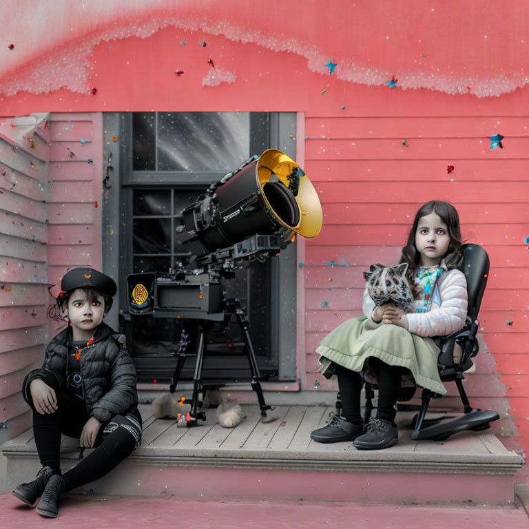 Children with telescope and cat on porch, one in pilot costume, amidst confetti