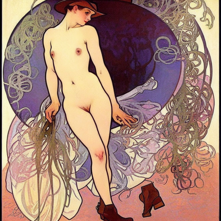 Art Nouveau nude woman with purple hat in ornate background