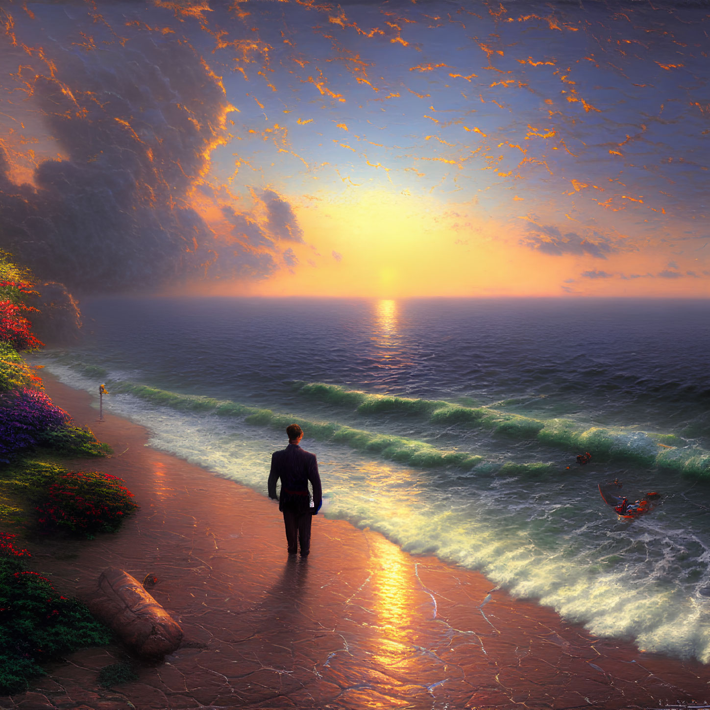 Person in suit on seaside walkway at sunset with flowers and waves.