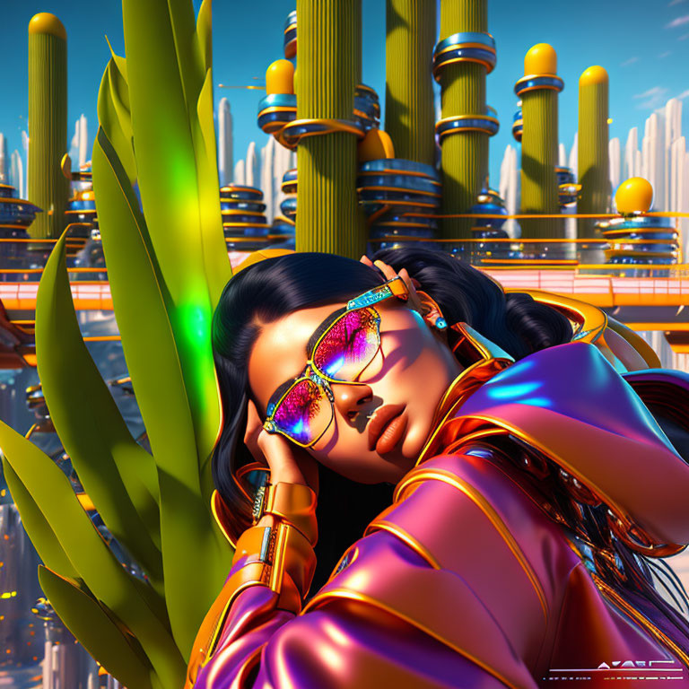 3D-rendered female figure in shiny jacket and sunglasses against futuristic cityscape