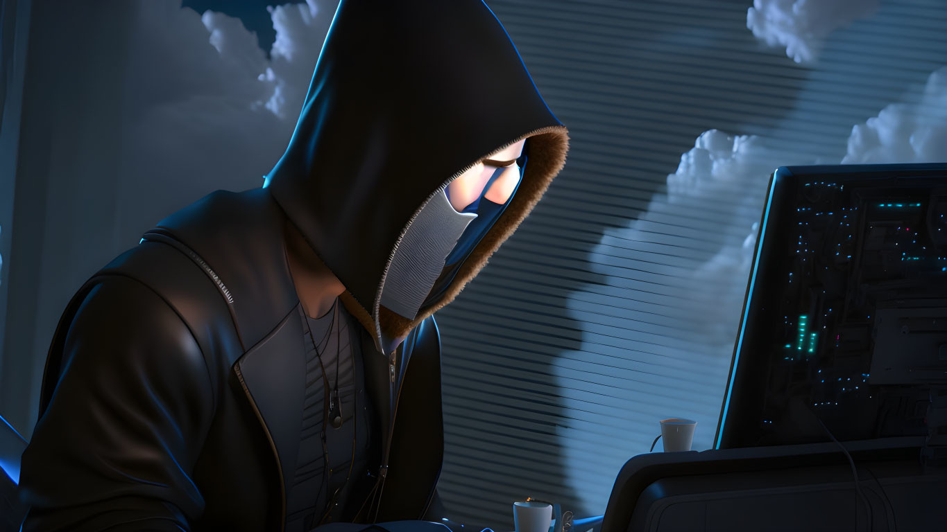 Hooded figure working on computer in dark room