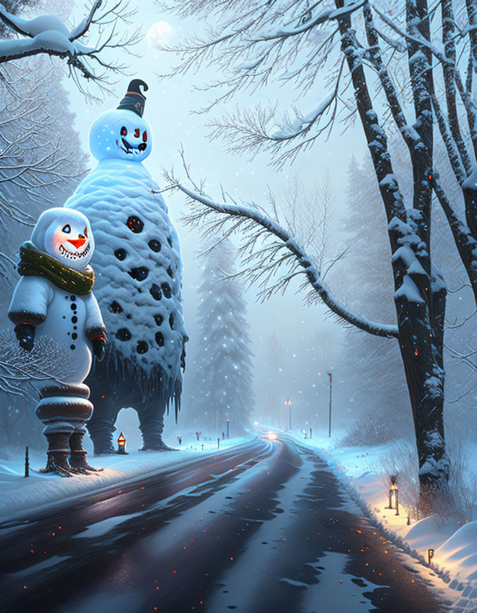 Snowy scene with whimsical snowman, lantern-lined road, and twilight sky