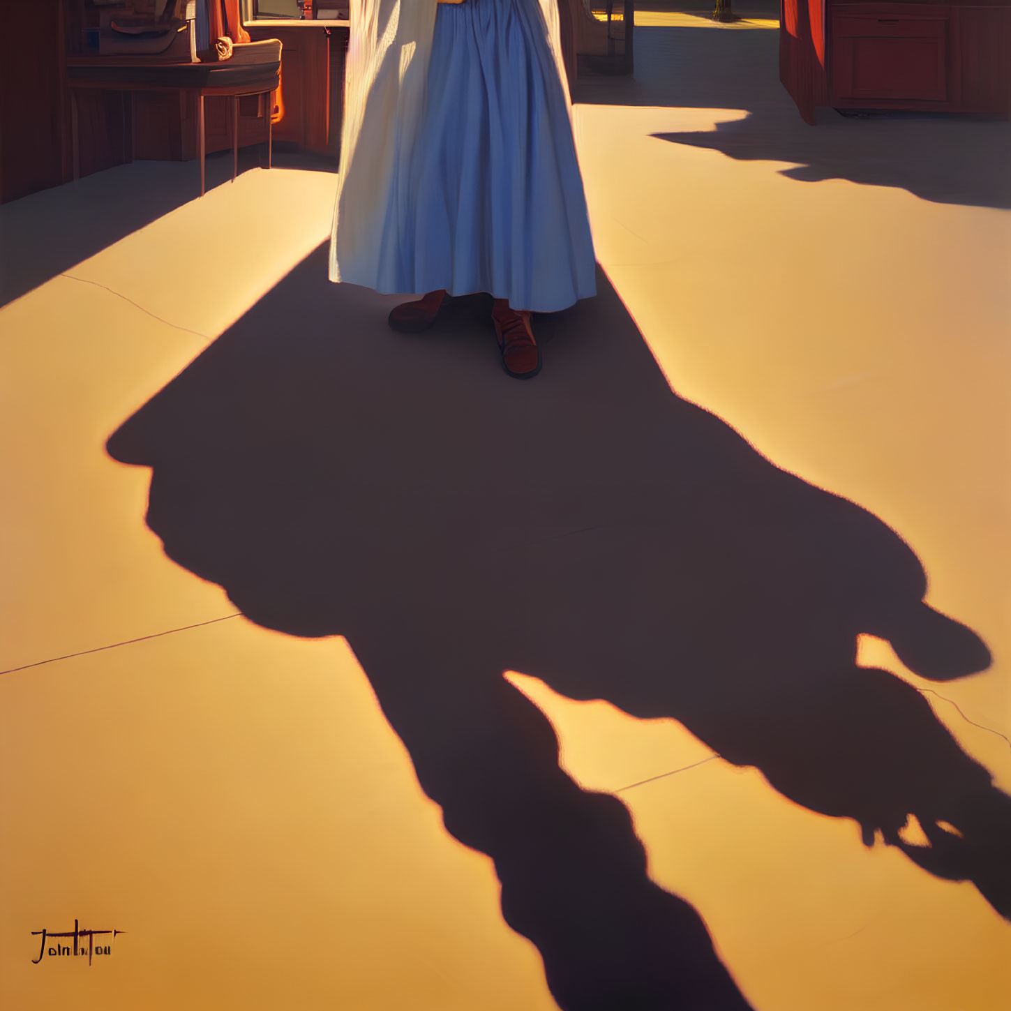 Woman in blue dress casting warrior shadow in warmly lit room