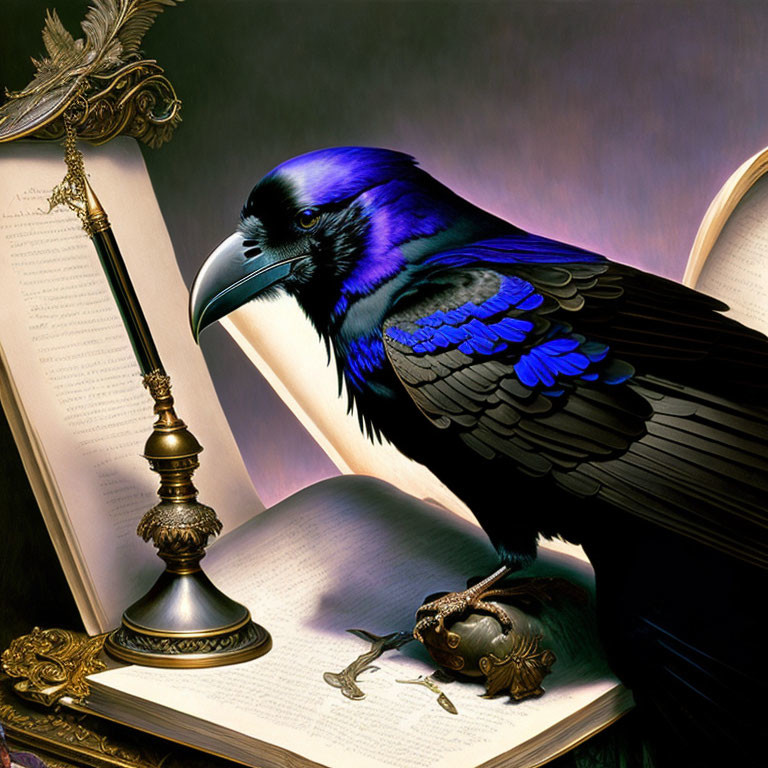 Vibrant blue and black raven with open book, feathered quill, inkpot,