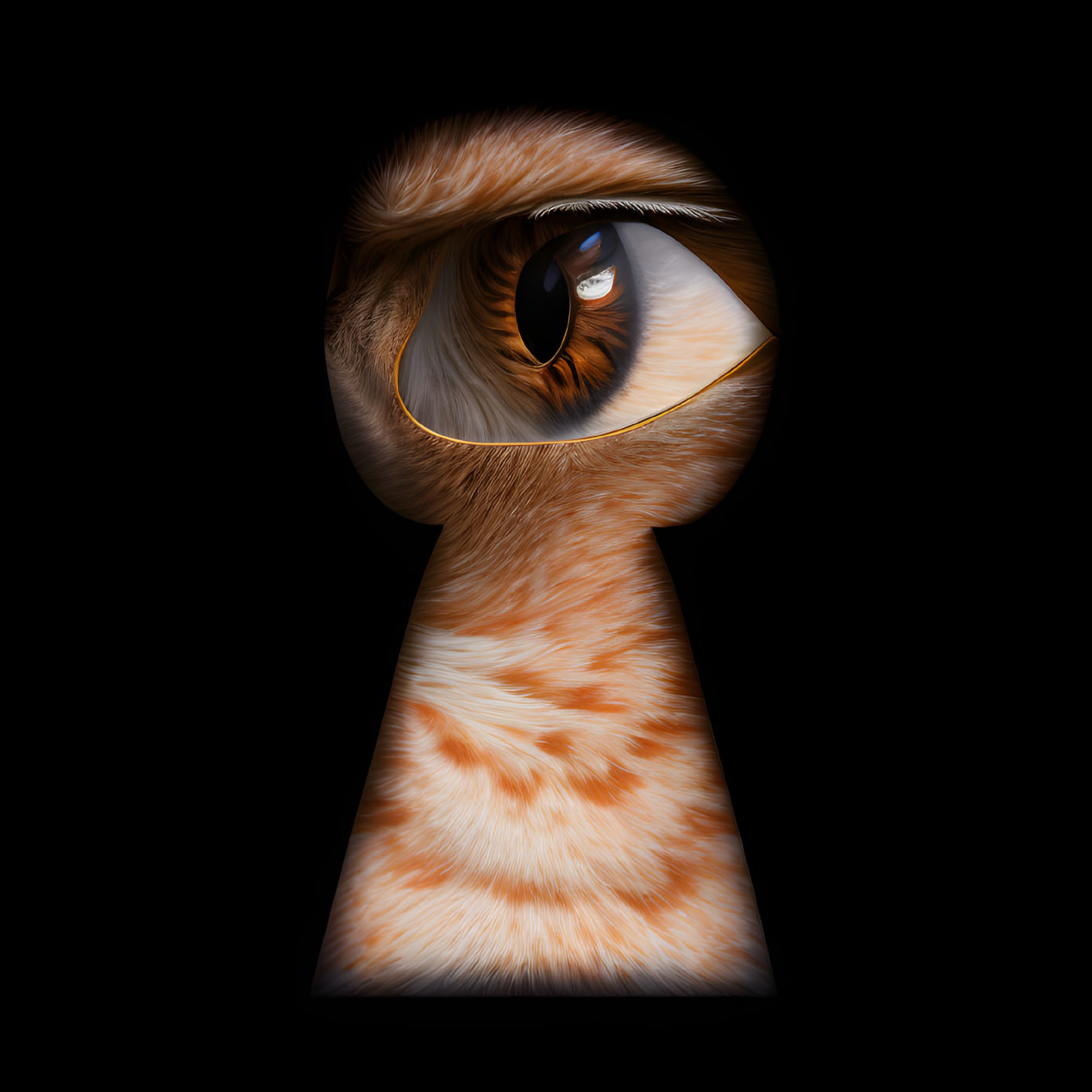 Orange and white cat's eye through keyhole aperture on black background