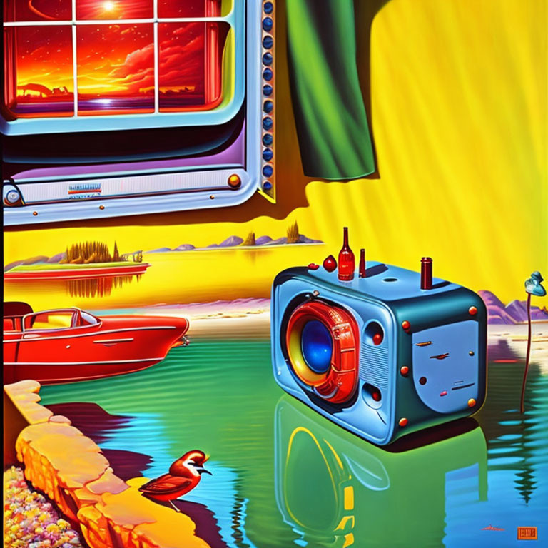 Surreal artwork: TV set, lake, speedboat, duck, sunset sky