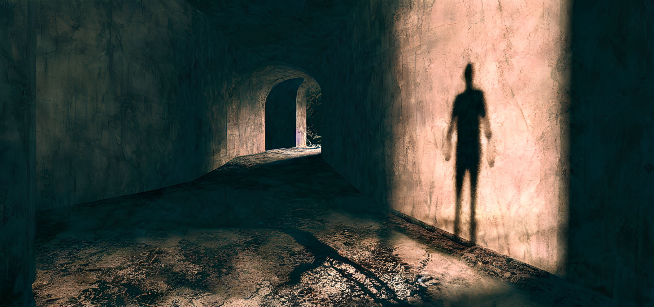 Silhouette of a person in shadow against tunnel wall with distant sunlight