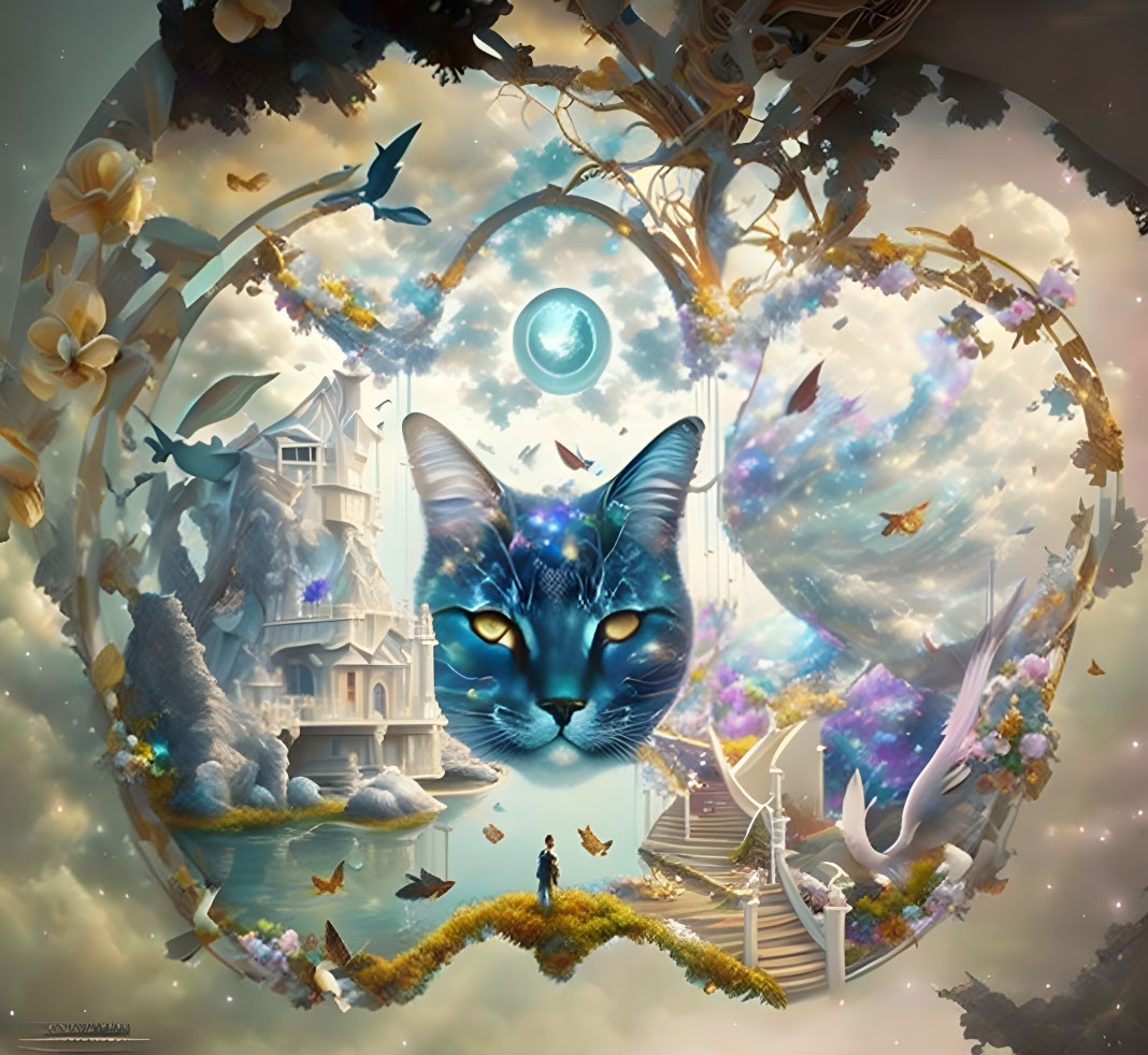 Circular Artwork Featuring Giant Cat's Face and Dreamy Landscape