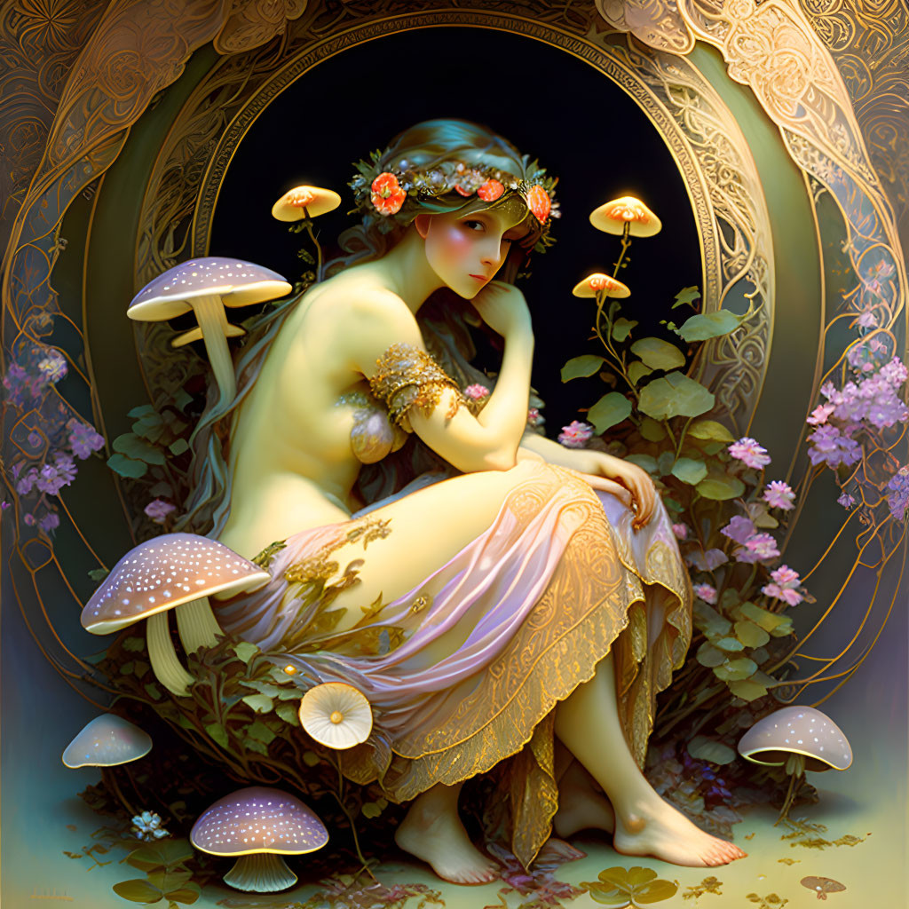 Mythical woman with floral crown among luminescent mushrooms and golden patterns