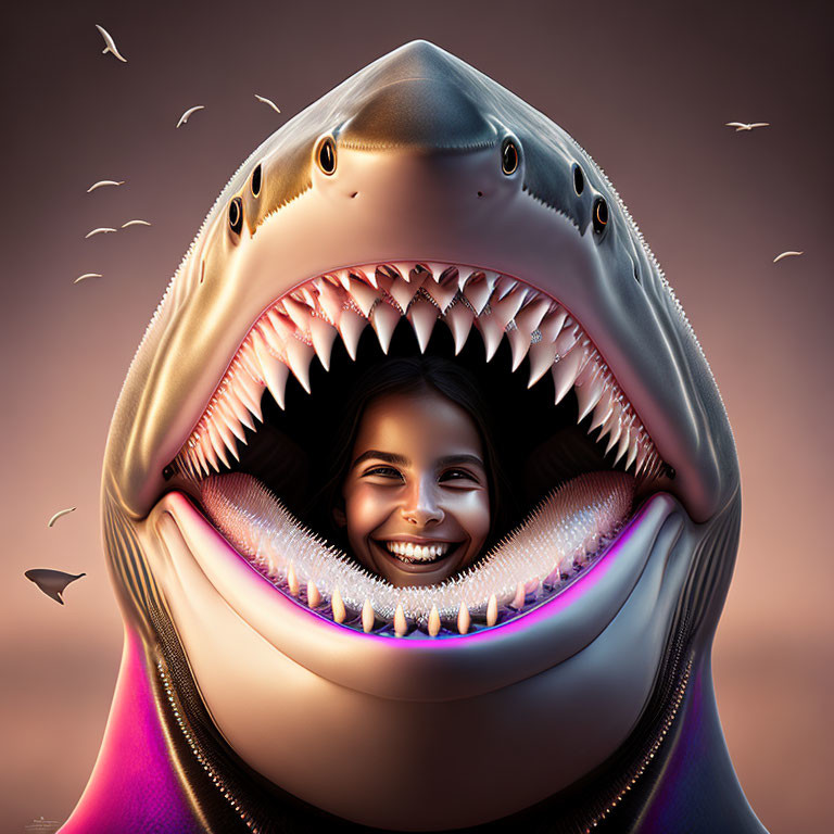 Surreal image of girl's face in shark's mouth with birds in warm background