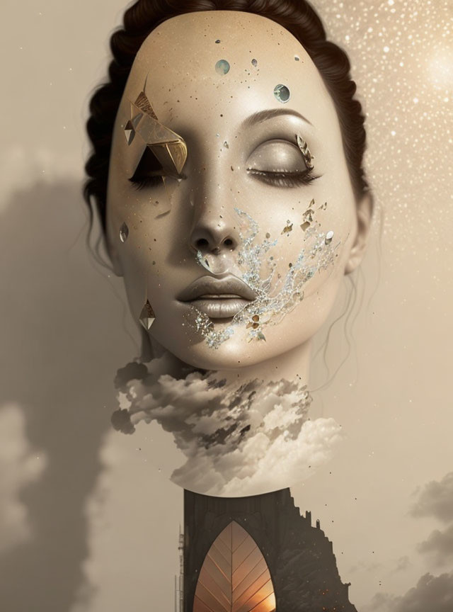 Surreal woman's face with space, clouds, and geometric shapes blending into dreamlike tower base