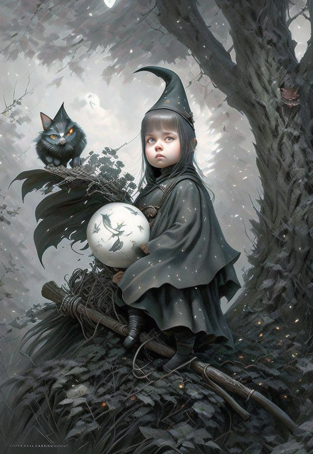 Young witch with black cat on broomstick in moonlit forest with glowing orb.