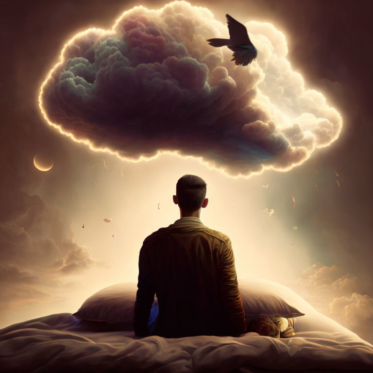 Man sitting on bed under surreal explosion cloud with crescent moon and bird flying nearby