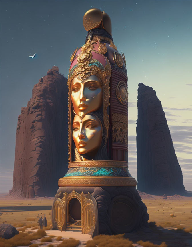 Monument with Three Golden-Adorned Faces in Desert Landscape