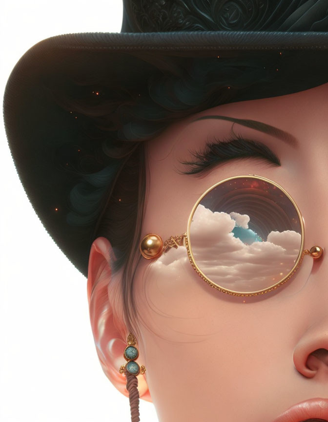 Digital artwork of woman in hat and monocle with clouds, detailed lashes, elegant earrings