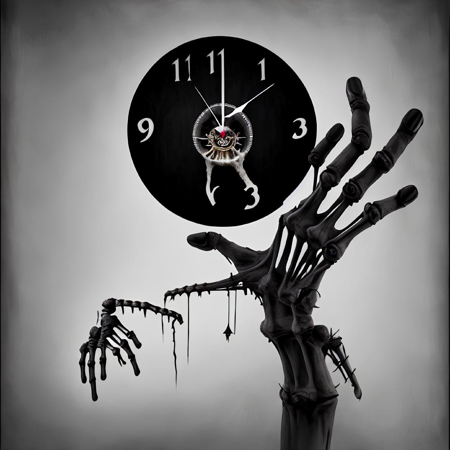 Surreal image of skeletal hand and ominous clock with gears